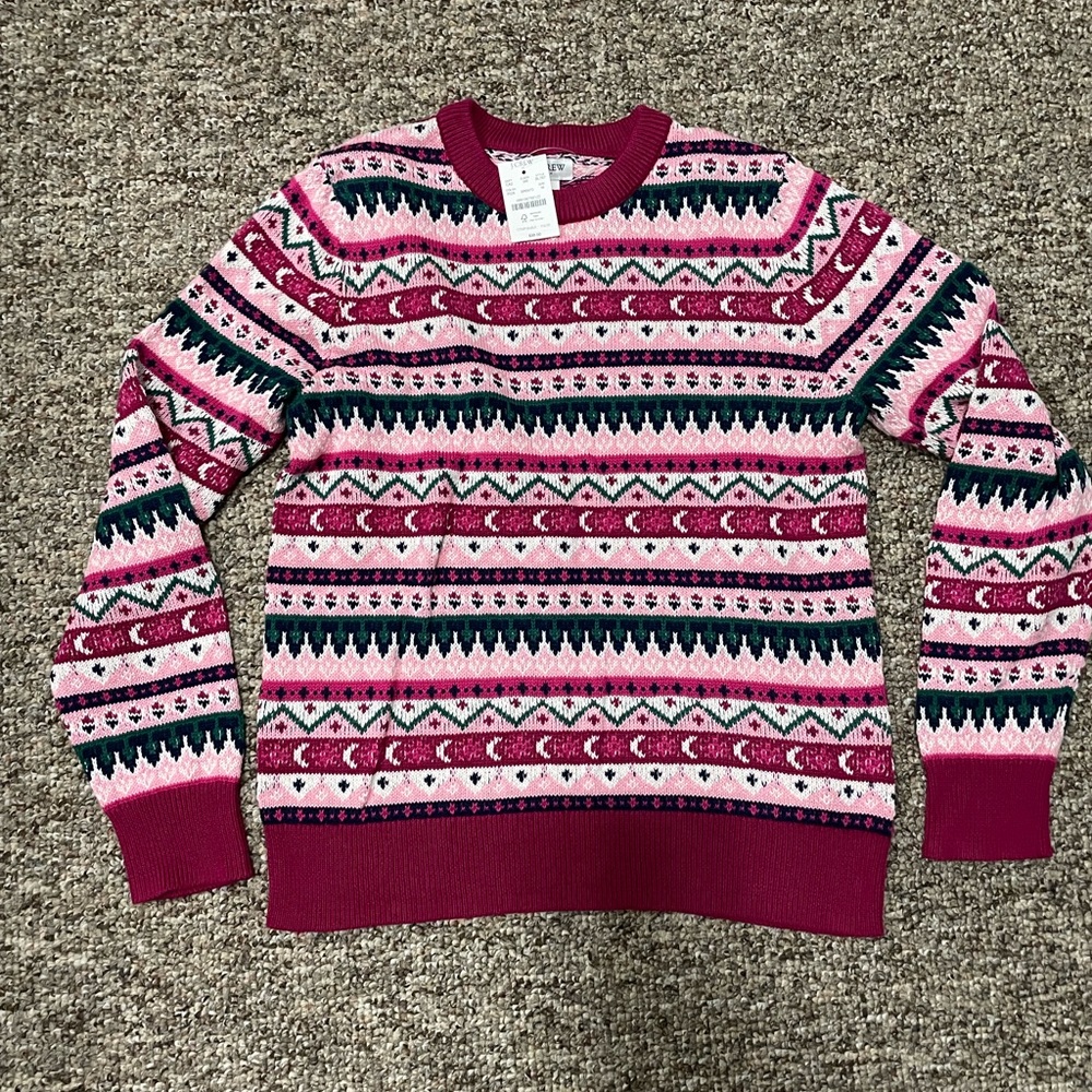 NWT J. Crew Womens M Pullover Sweater Fair Isle Cotton Pink Green NEW